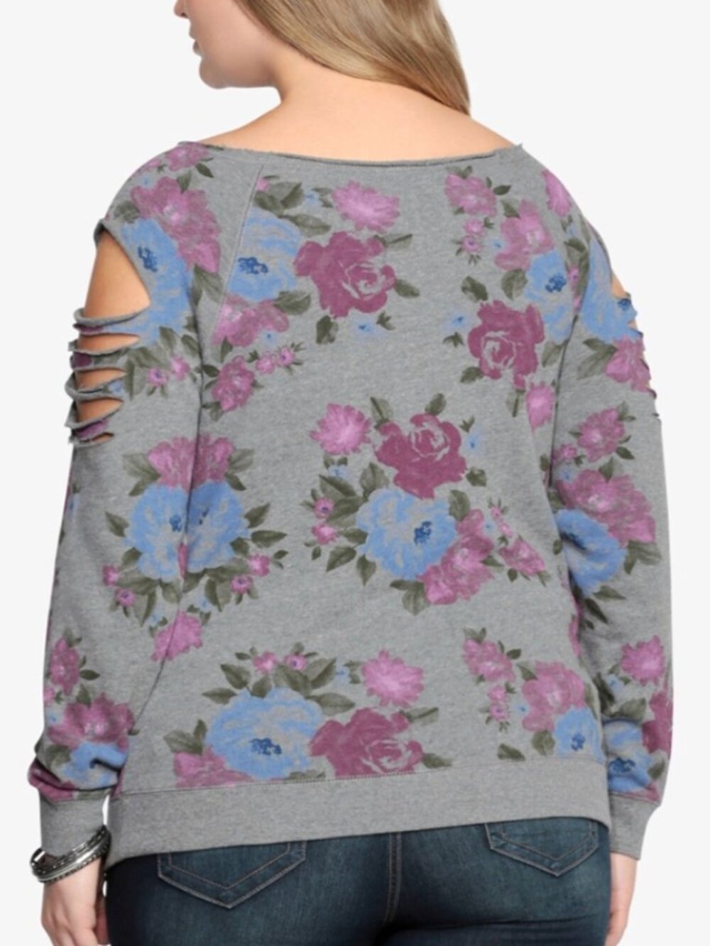 TORRID 4 Plus Size Floral Slashed Sweatshirt Gray Grey Purple Blue Grunge 2010s - Picture 3 of 16